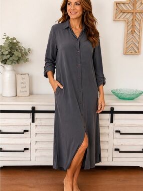 Yanak American Made Ice Cupro Button Front Maxi Shirt Dress Black NWT